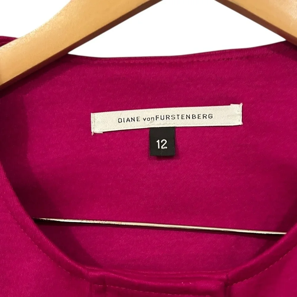 DIANE von FURSTENBERG DVF Wool Blend USA Magenta‎ Collarless Coat 3/4 Sleeves 12